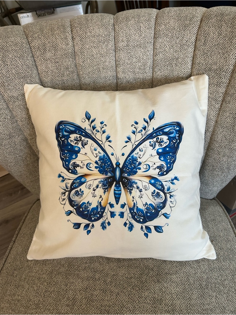 Cream Accent Pillow cover with Blue Butterfly Motif